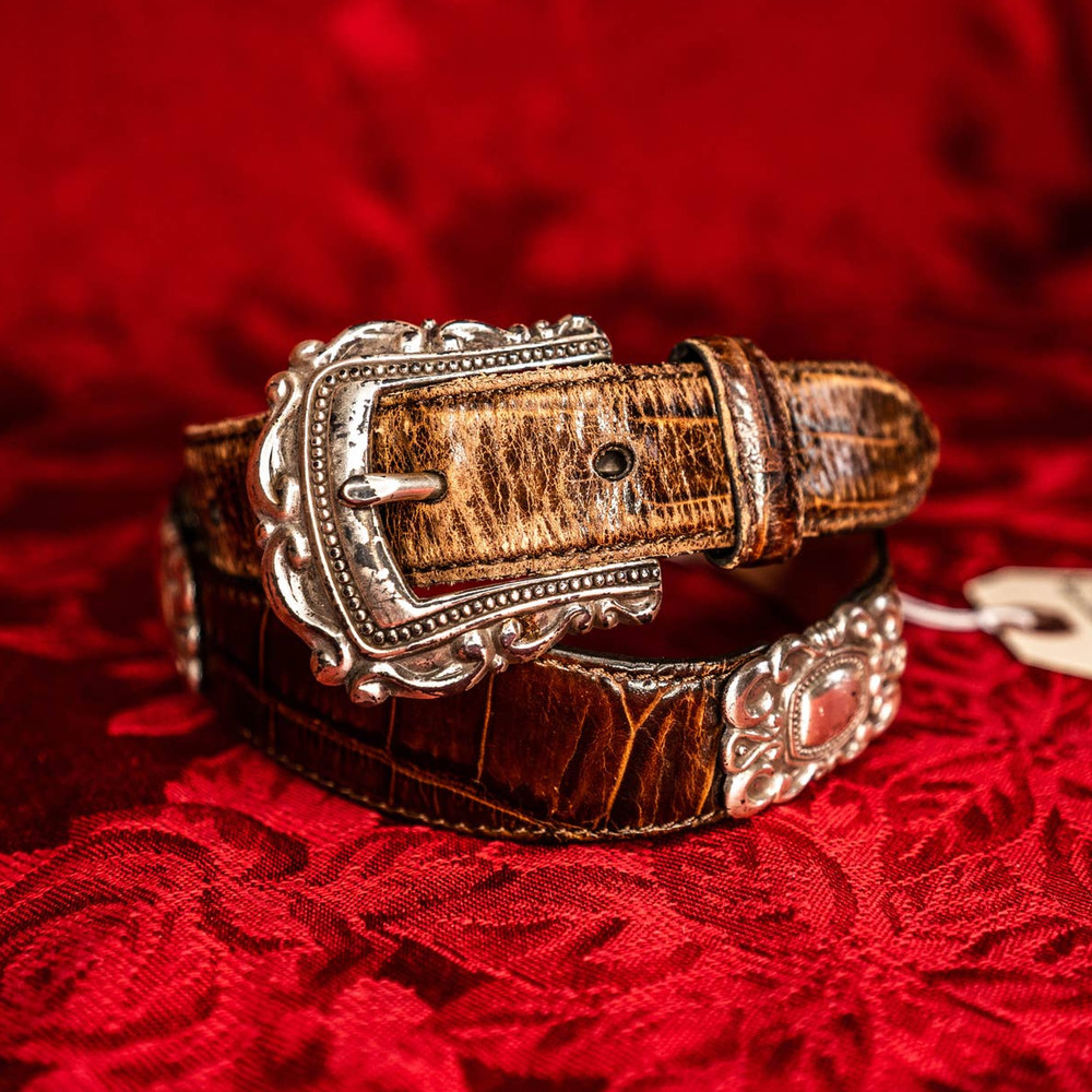 Fossil Brown Leather Belt Crocodile Embossed Brown